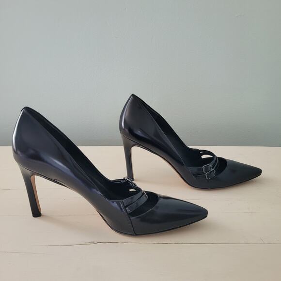 Via Spiga Black Patent Leather Stiletto Heels Double Buckle Pumps 9.5 - Picture 2 of 14